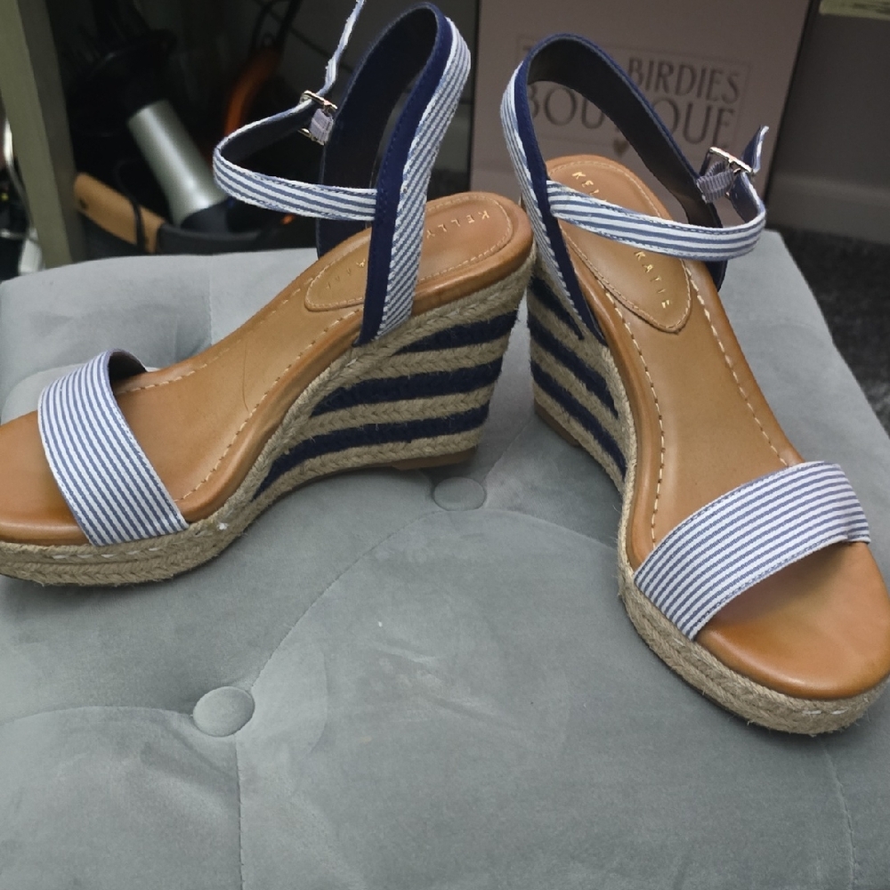 Kelly & Katie Navy and White Espadrille Wedges